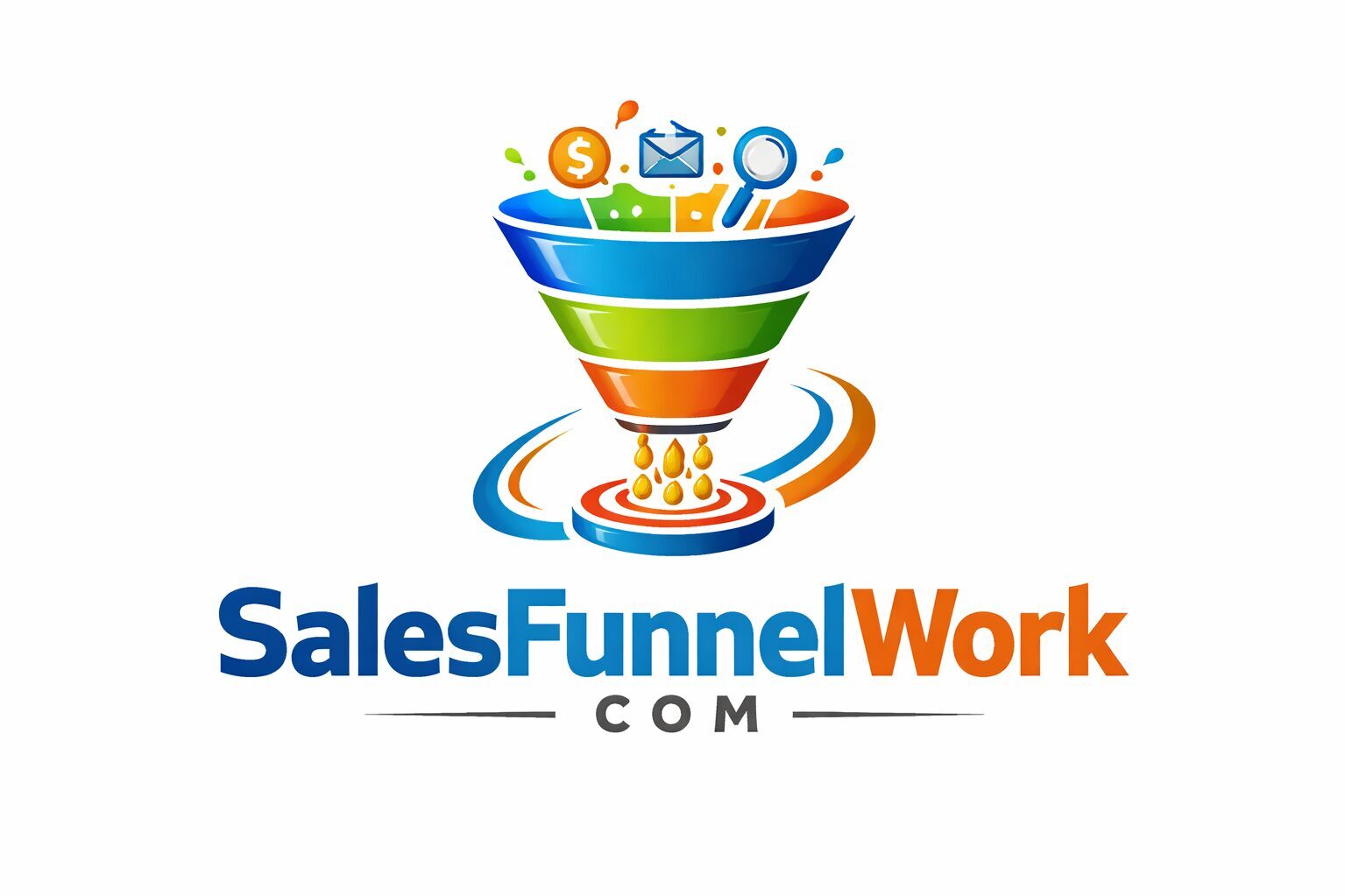 Colorful logo for SalesFunnelWork.com featuring a multi-layered sales funnel with marketing icons (money, email, search) flowing into a target, symbolizing lead generation and conversion, with bold modern text displaying the brand name